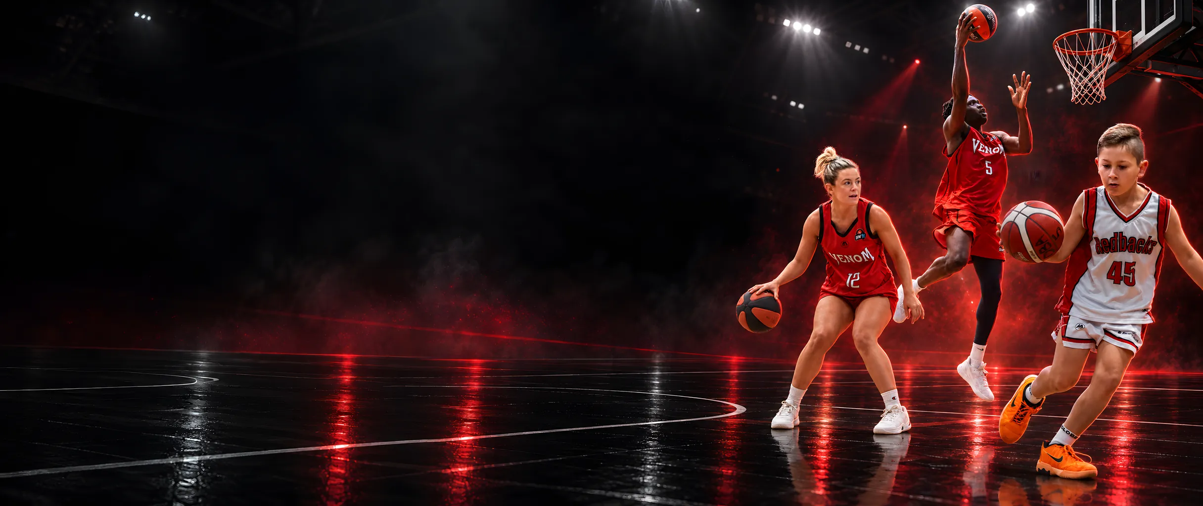 Venom players and a Redbacks junior in action under the arena lights