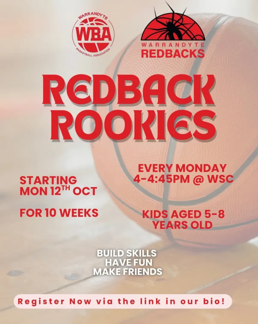 Instagram post: Redback Rookies, starting Monday 12 October for 10 weeks, every Monday 4 to 4:45pm at WSC, kids aged 5 to 8