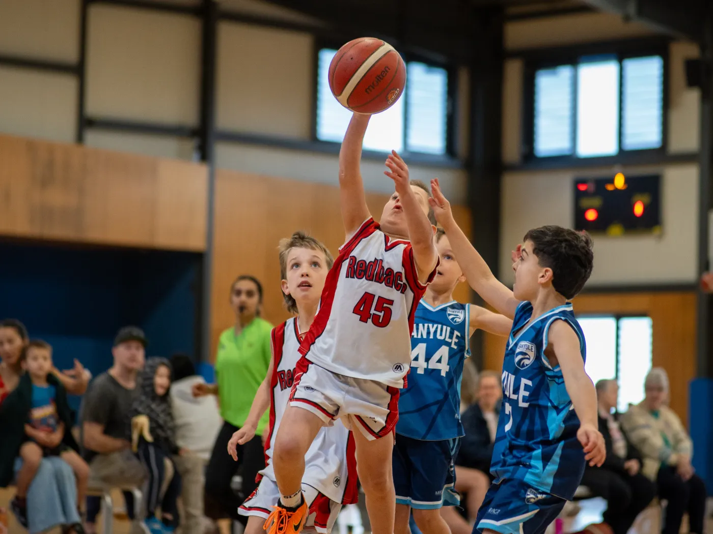 A Redbacks junior going up for a layup in front of a full crowd and the scoreboard