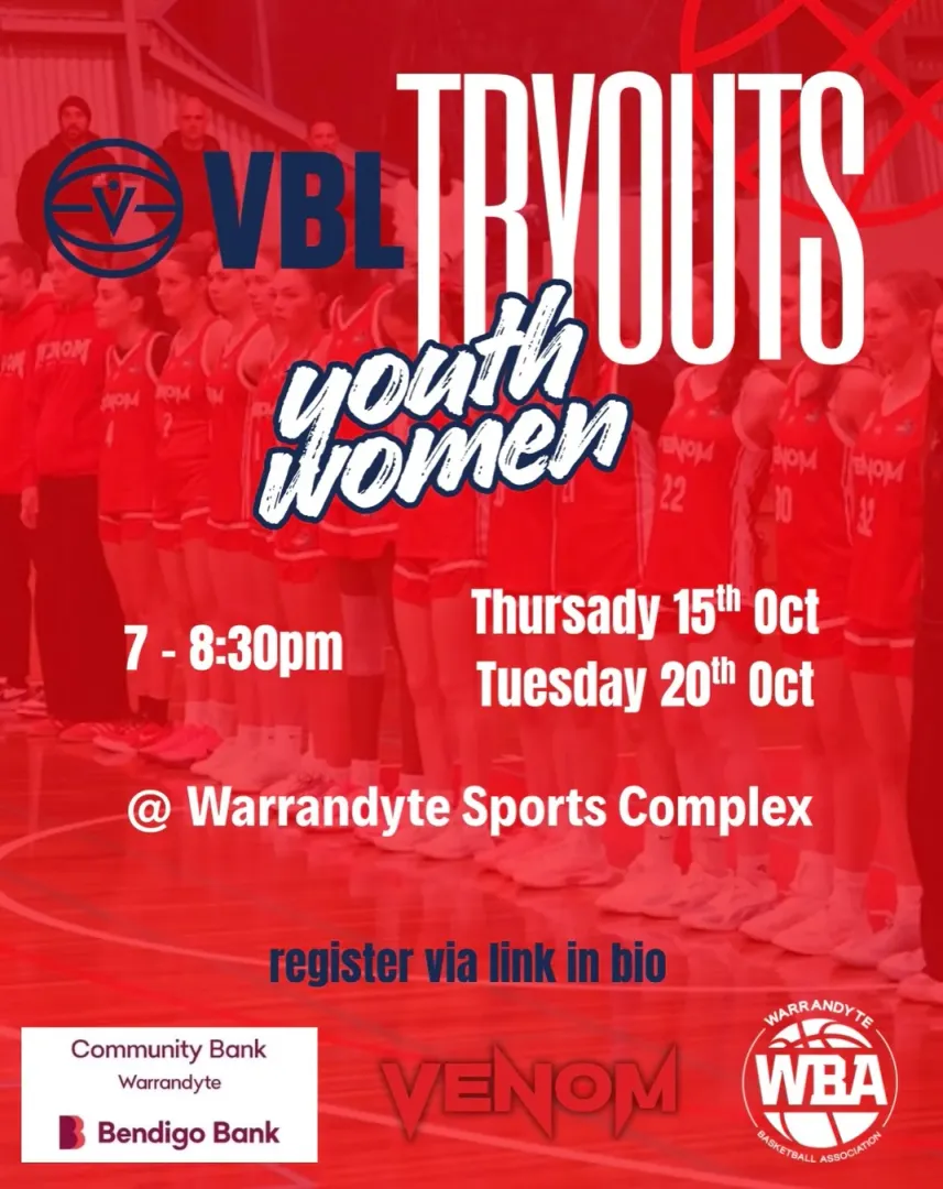 Instagram post: VBL tryouts, Youth Women, Thursday 15 and Tuesday 20 October, 7 to 8:30pm at Warrandyte Sports Complex